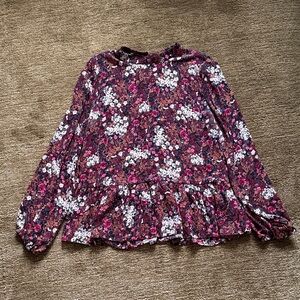 LOFT Pink Multi Floral Ruffle-Hem Blouse